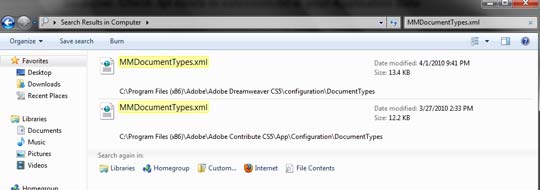 C:\Program Files (x86)\Adobe\Adobe Dreamweaver CS5\configuration\DocumentTypes, C:\Program Files (x86)\Adobe\Adobe Contribute CS5\App\Configuration\DocumentTypes