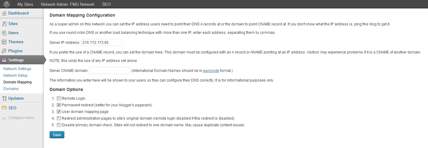 Screenshot of the WordPress MU Domain Mapping Plugin with Frontera Marketing Group's live settings